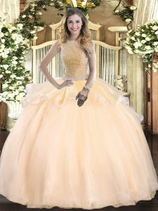 Hot Sale Peach Sleeveless Beading Floor Length 15th Birthday Dress