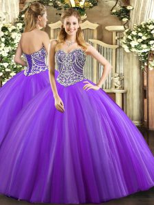 Clearance Sleeveless Floor Length Beading Lace Up Quinceanera Gown with Lavender