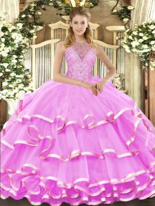 Lilac Lace Up Halter Top Beading and Ruffled Layers Quinceanera Dresses Organza Sleeveless