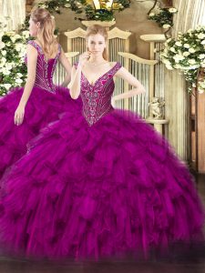 Designer Fuchsia Lace Up 15 Quinceanera Dress Beading and Ruffles Sleeveless Floor Length