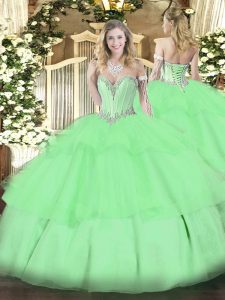 Sleeveless Floor Length Beading and Ruffled Layers Lace Up Quinceanera Dresses with Apple Green