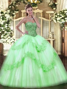 Great Sleeveless Floor Length Beading and Appliques and Ruffles Lace Up Ball Gown Prom Dress