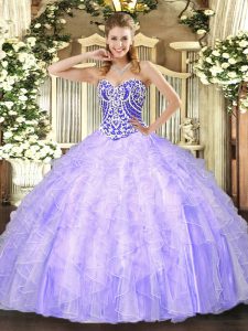 Sleeveless Asymmetrical Beading and Ruffles Lace Up 15th Birthday Dress with Lavender