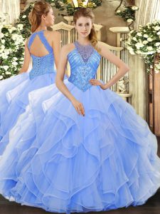 Light Blue Organza Lace Up 15th Birthday Dress Sleeveless Floor Length Beading and Ruffles