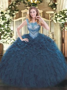 Floor Length Navy Blue Sweet 16 Dress Scoop Sleeveless Lace Up