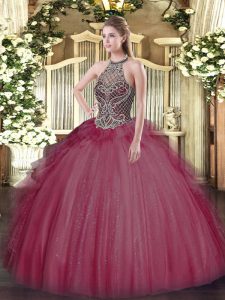 Burgundy Lace Up Halter Top Beading Quinceanera Gown Tulle Sleeveless