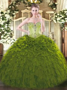 Simple Floor Length Lace Up Sweet 16 Quinceanera Dress Olive Green for Sweet 16 and Quinceanera with Beading and Ruffles