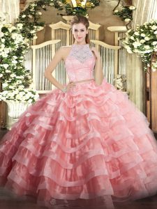 Custom Design Watermelon Red Scoop Zipper Lace and Ruffled Layers Sweet 16 Quinceanera Dress Sleeveless