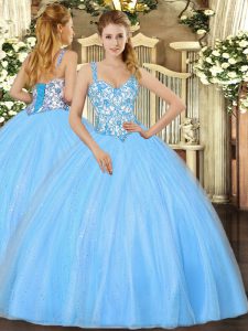 Customized Baby Blue Straps Neckline Beading and Appliques Quince Ball Gowns Sleeveless Lace Up