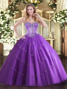 Smart Purple Ball Gowns Beading and Appliques Sweet 16 Dresses Lace Up Tulle Sleeveless Floor Length