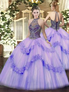 Floor Length Lace Up Quinceanera Gowns Lavender for Sweet 16 and Quinceanera with Beading and Appliques