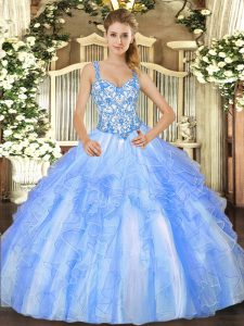 Admirable Blue And White Lace Up Straps Beading and Ruffles Quinceanera Gown Organza Sleeveless