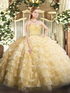 Gold Sweetheart Zipper Beading and Lace and Ruffled Layers 15th Birthday Dress Sleeveless