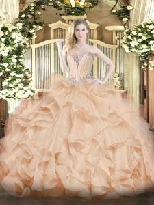 Amazing Floor Length Ball Gowns Sleeveless Peach Quinceanera Gowns Lace Up