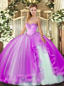 Stunning Sleeveless Tulle Floor Length Lace Up Sweet 16 Dress in Lilac with Beading and Ruffles