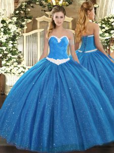 Fancy Sweetheart Sleeveless Sweet 16 Dresses Floor Length Appliques Blue Tulle