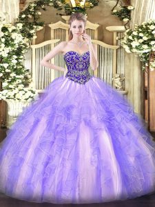 Lovely Lavender Sleeveless Floor Length Beading and Ruffles Lace Up Vestidos de Quinceanera