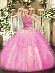 Floor Length Rose Pink Quinceanera Gown Scoop Sleeveless Lace Up