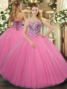 Delicate Sweetheart Sleeveless 15 Quinceanera Dress Floor Length Beading Rose Pink Tulle
