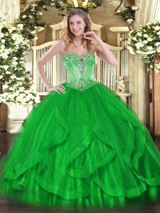 Tulle Sweetheart Sleeveless Lace Up Beading and Ruffles Sweet 16 Dresses in Green