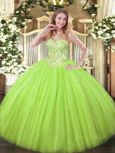 Exceptional Yellow Green Tulle and Sequined Lace Up Sweetheart Sleeveless Floor Length Quinceanera Dresses Appliques