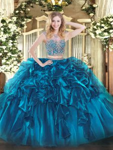 New Arrival Blue Organza Lace Up Scoop Sleeveless Floor Length Ball Gown Prom Dress Beading and Ruffles