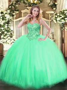 Noble Apple Green Ball Gowns Tulle Sweetheart Sleeveless Appliques Floor Length Lace Up Quinceanera Dress