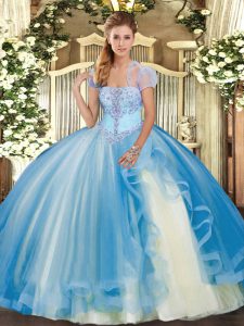 Baby Blue Ball Gowns Appliques and Ruffles Quinceanera Gown Lace Up Tulle Sleeveless Floor Length