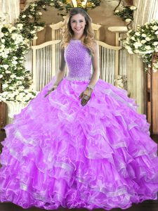 High End Ball Gowns Quinceanera Gowns Lavender High-neck Organza Sleeveless Floor Length Lace Up