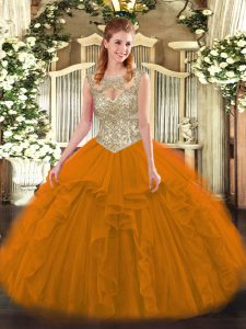 Eye-catching Orange Red Tulle Lace Up Sweet 16 Quinceanera Dress Sleeveless Floor Length Beading and Ruffles