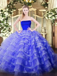 Custom Designed Strapless Sleeveless Quinceanera Gown Floor Length Ruffled Layers Blue Tulle