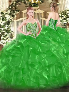 Sweetheart Sleeveless Quinceanera Dress Floor Length Beading and Ruffles Green Organza