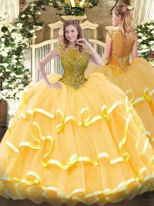 Gorgeous Gold Organza Zipper Scoop Cap Sleeves Floor Length Quinceanera Gown Beading and Ruffled Layers