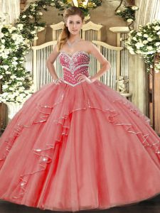 Dazzling Floor Length Coral Red 15 Quinceanera Dress Sweetheart Sleeveless Lace Up