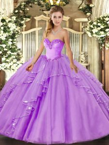 Admirable Lavender Lace Up Ball Gown Prom Dress Beading and Ruffles Sleeveless Floor Length