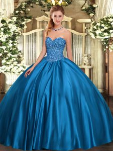 Flare Sleeveless Satin Floor Length Lace Up Ball Gown Prom Dress in Blue with Beading