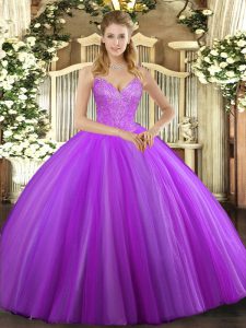 Sleeveless Floor Length Beading Lace Up Quince Ball Gowns with Eggplant Purple