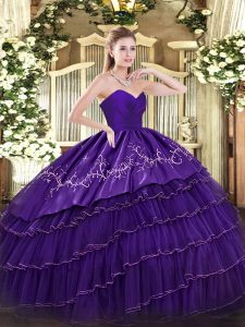 Pretty Purple Organza and Taffeta Zipper Quinceanera Dress Sleeveless Floor Length Embroidery and Ruffled Layers