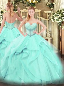 Trendy Sweetheart Sleeveless Quinceanera Dresses Floor Length Beading and Ruffles Aqua Blue Tulle