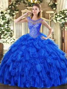 Flirting Scoop Sleeveless 15th Birthday Dress Floor Length Beading and Ruffles Royal Blue Organza