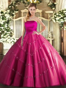 Top Selling Sleeveless Tulle Floor Length Lace Up Vestidos de Quinceanera in Hot Pink with Appliques