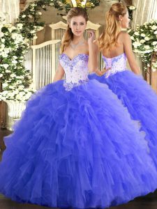 Sleeveless Floor Length Beading and Ruffles Lace Up Ball Gown Prom Dress with Blue