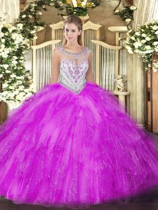 Luxury Fuchsia Ball Gowns Tulle Scoop Sleeveless Beading and Ruffles Floor Length Zipper 15 Quinceanera Dress