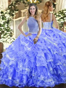 Traditional High-neck Sleeveless Quince Ball Gowns Floor Length Beading and Ruffled Layers Blue Organza