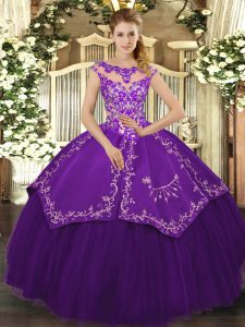 Glamorous Purple Ball Gowns Satin and Tulle Scoop Cap Sleeves Beading and Embroidery Floor Length Lace Up Quinceanera Gowns