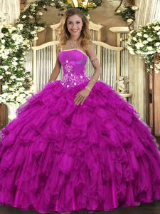 Trendy Fuchsia Quinceanera Dresses Military Ball and Sweet 16 and Quinceanera with Beading and Ruffles Strapless Sleeveless Lace Up