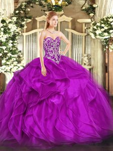 Amazing Fuchsia Sleeveless Beading and Ruffles Floor Length 15 Quinceanera Dress