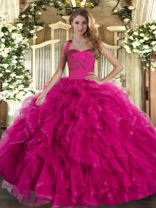 Lovely Floor Length Fuchsia Sweet 16 Dresses Tulle Sleeveless Ruffles