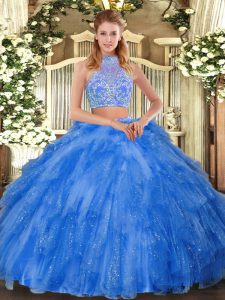 Admirable Teal Halter Top Neckline Beading and Ruffles Quince Ball Gowns Sleeveless Criss Cross