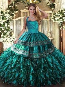 Spectacular Halter Top Sleeveless Quinceanera Gowns Floor Length Embroidery and Ruffles Turquoise Organza